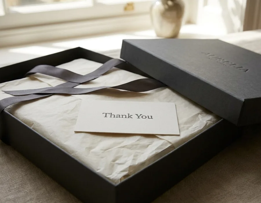 A luxury unboxing moment — a rigid box opened to reveal tissue paper, ribbon, embossed details and a letterpress card on a marble surface