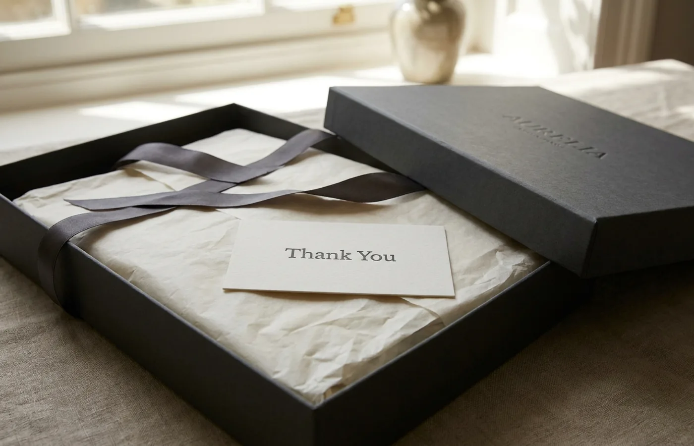 A luxury unboxing moment — a rigid box opened to reveal tissue paper, ribbon, embossed details and a letterpress card on a marble surface