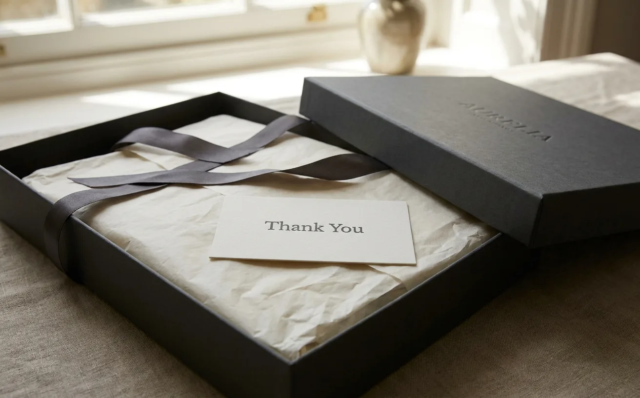 A luxury unboxing moment — a rigid box opened to reveal tissue paper, ribbon, embossed details and a letterpress card on a marble surface