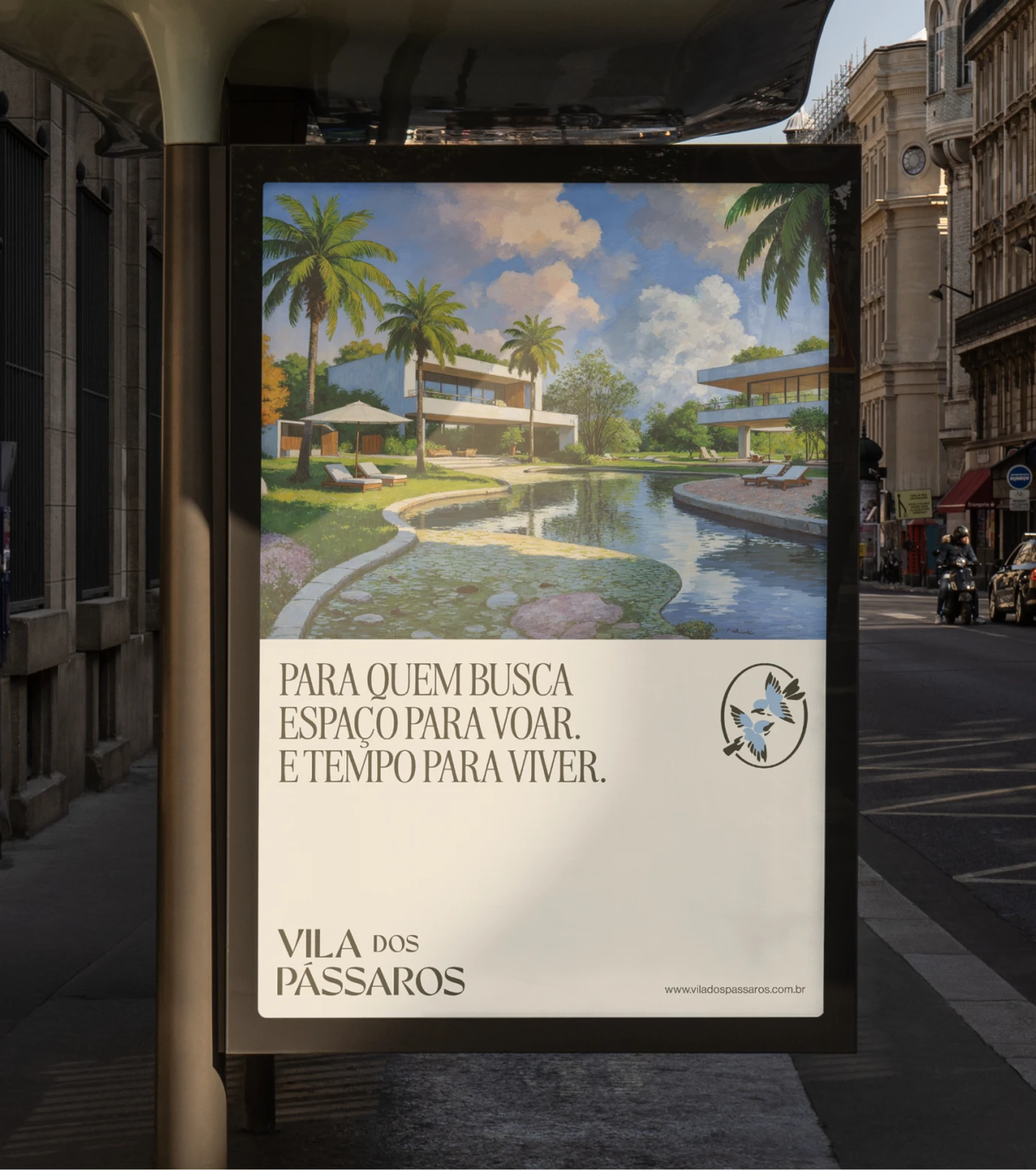 Street poster for VILA dos PÁSSAROS with a blue-green poolside villa scene, black Portuguese text and a bird logo.
