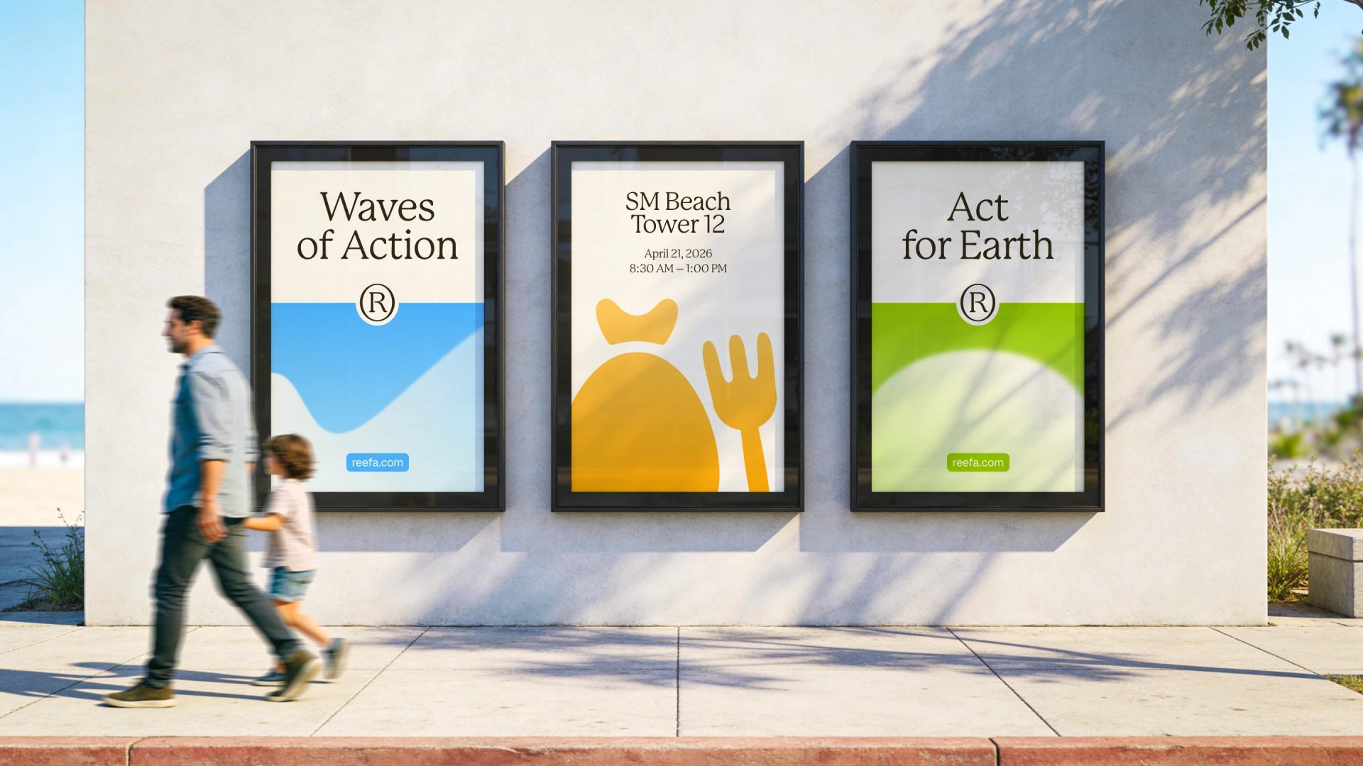 Three framed Reefa posters in blue, yellow and green read “Waves of Action,” “SM Beach Tower 12” and “Act for Earth.”