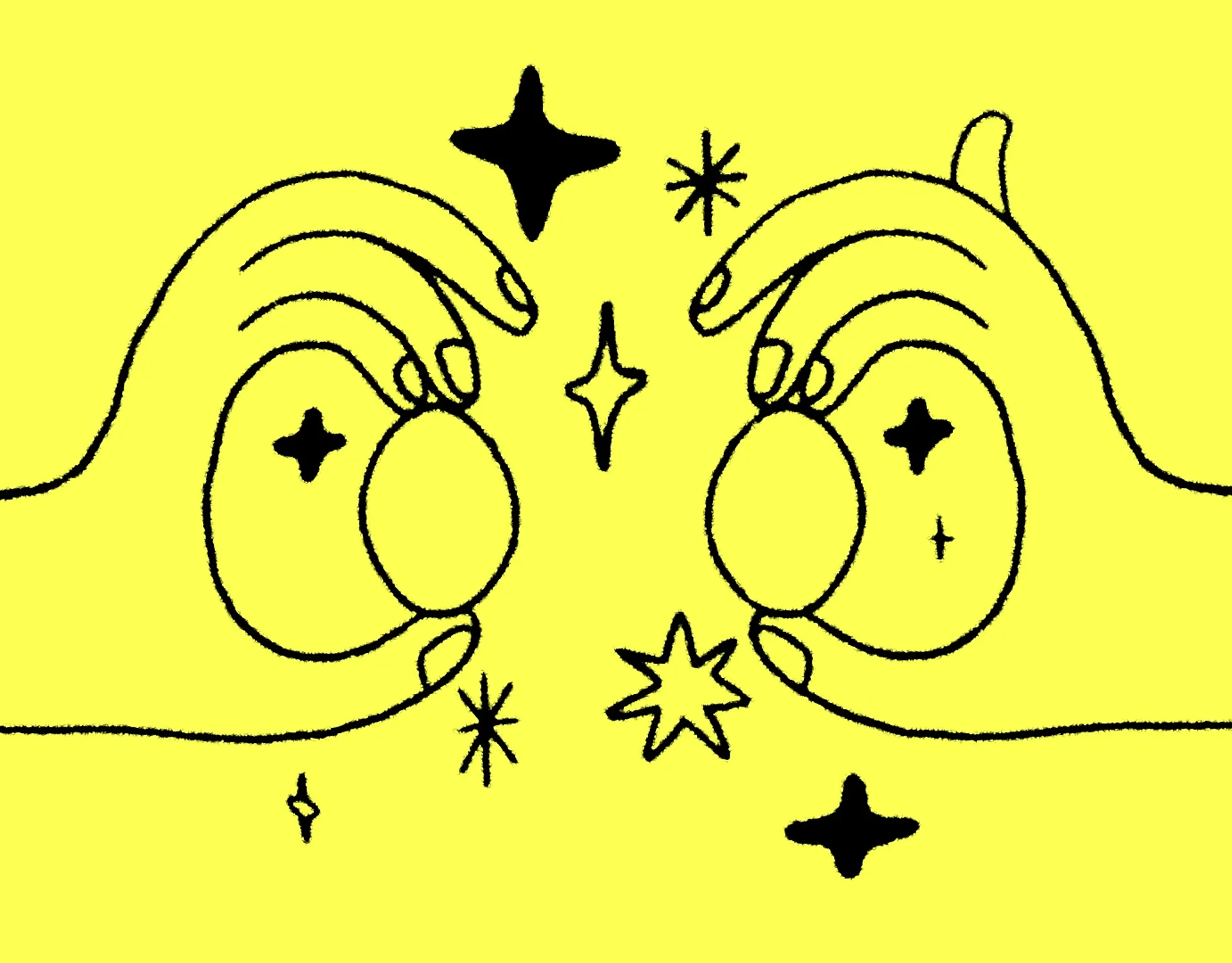 Ilustracion de dos manos enmarcando destellos sobre fondo amarillo