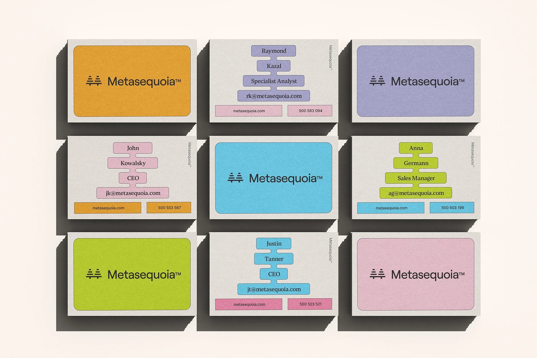 Nine Metasequoia™ business cards in a grid, with yellow, lavender, blue, green and pink panels on white.