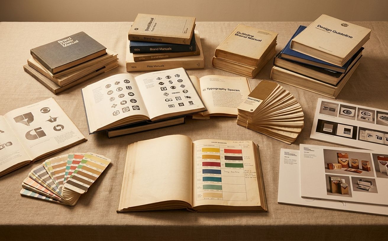 Archive still life of vintage hardbound brand guideline books, color-chipped swatches, and identity case study prints on a linen surface