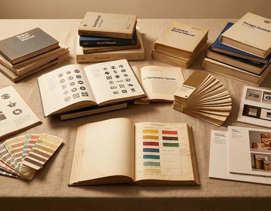 Archive still life of vintage hardbound brand guideline books, color-chipped swatches, and identity case study prints on a linen surface