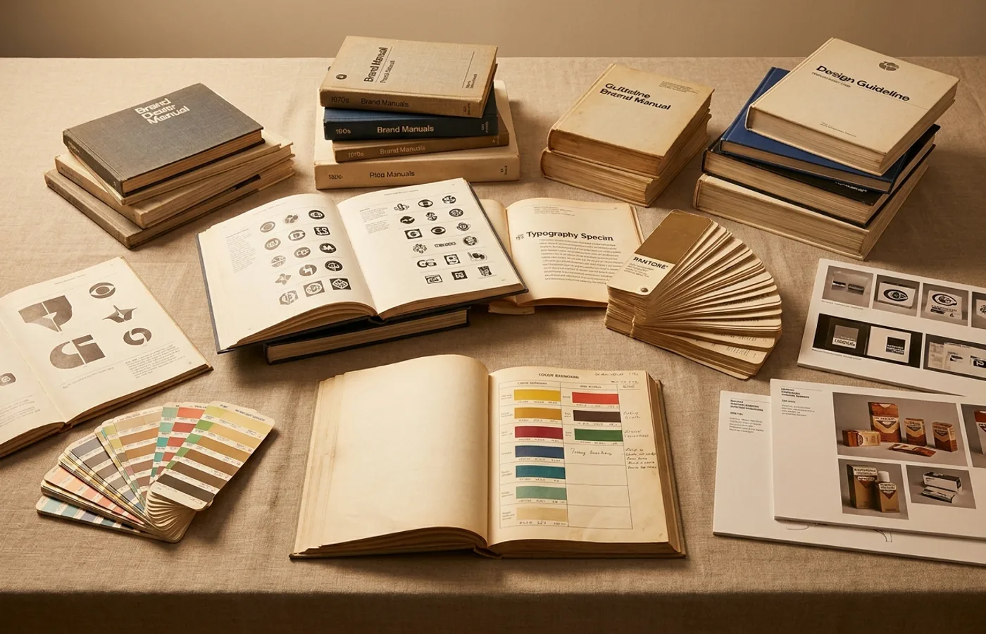 Archive still life of vintage hardbound brand guideline books, color-chipped swatches, and identity case study prints on a linen surface