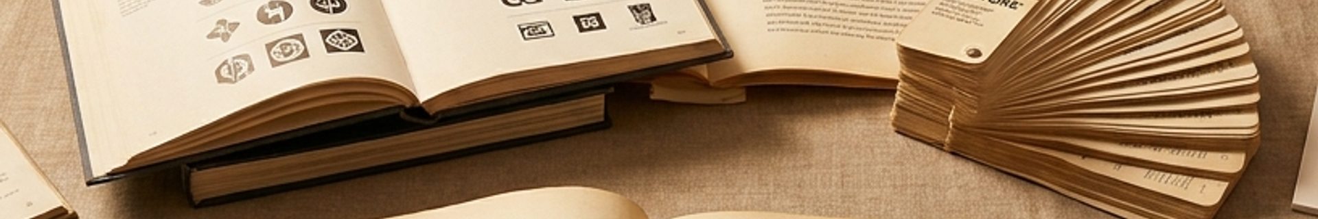 Archive still life of vintage hardbound brand guideline books, color-chipped swatches, and identity case study prints on a linen surface