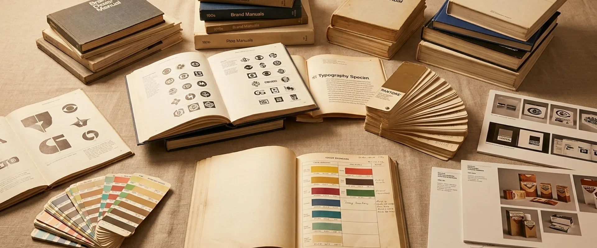 Archive still life of vintage hardbound brand guideline books, color-chipped swatches, and identity case study prints on a linen surface