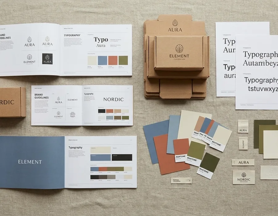 An overhead editorial still life of brand design work from multiple brands — printed guidelines, packaging samples, typography specimens, color swatches on a linen surface