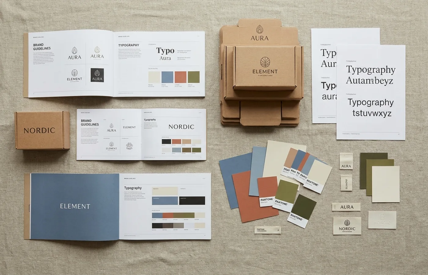 An overhead editorial still life of brand design work from multiple brands — printed guidelines, packaging samples, typography specimens, color swatches on a linen surface