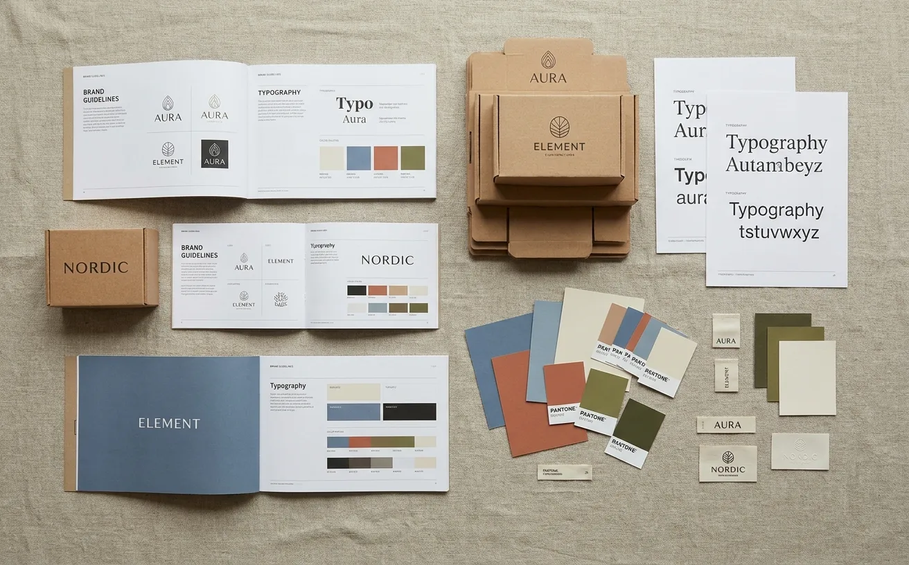 An overhead editorial still life of brand design work from multiple brands — printed guidelines, packaging samples, typography specimens, color swatches on a linen surface