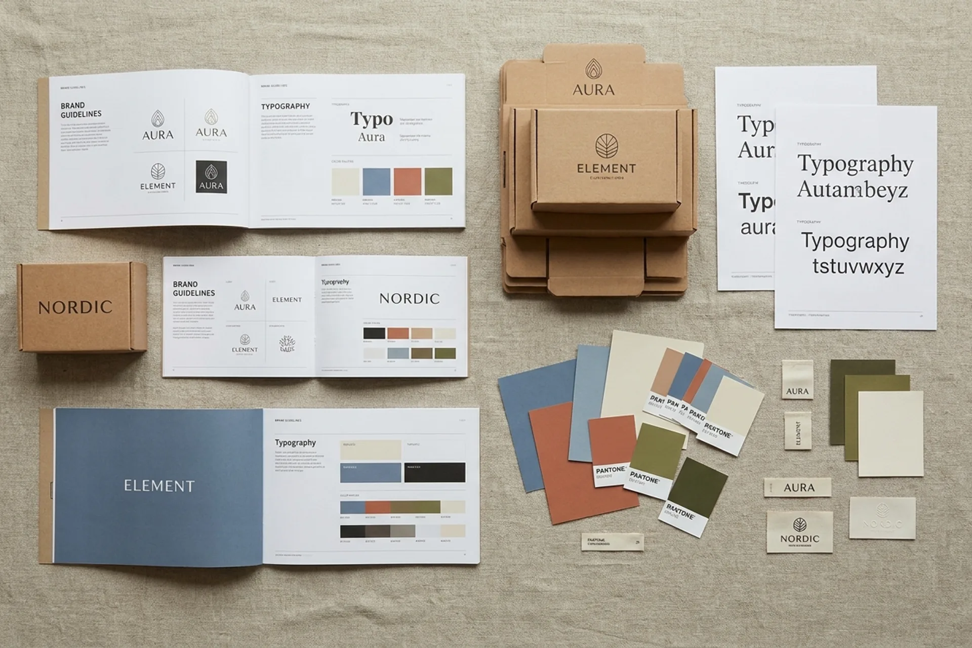 An overhead editorial still life of brand design work from multiple brands — printed guidelines, packaging samples, typography specimens, color swatches on a linen surface