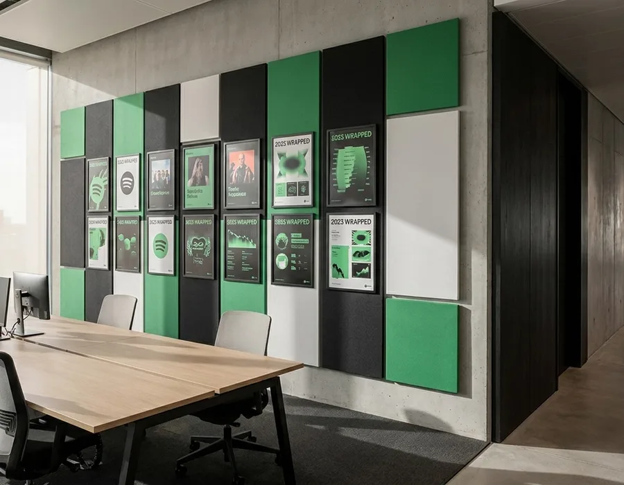 A Spotify office interior with the signature Spotify green accent against modernist black-and-white architecture, brand posters visible