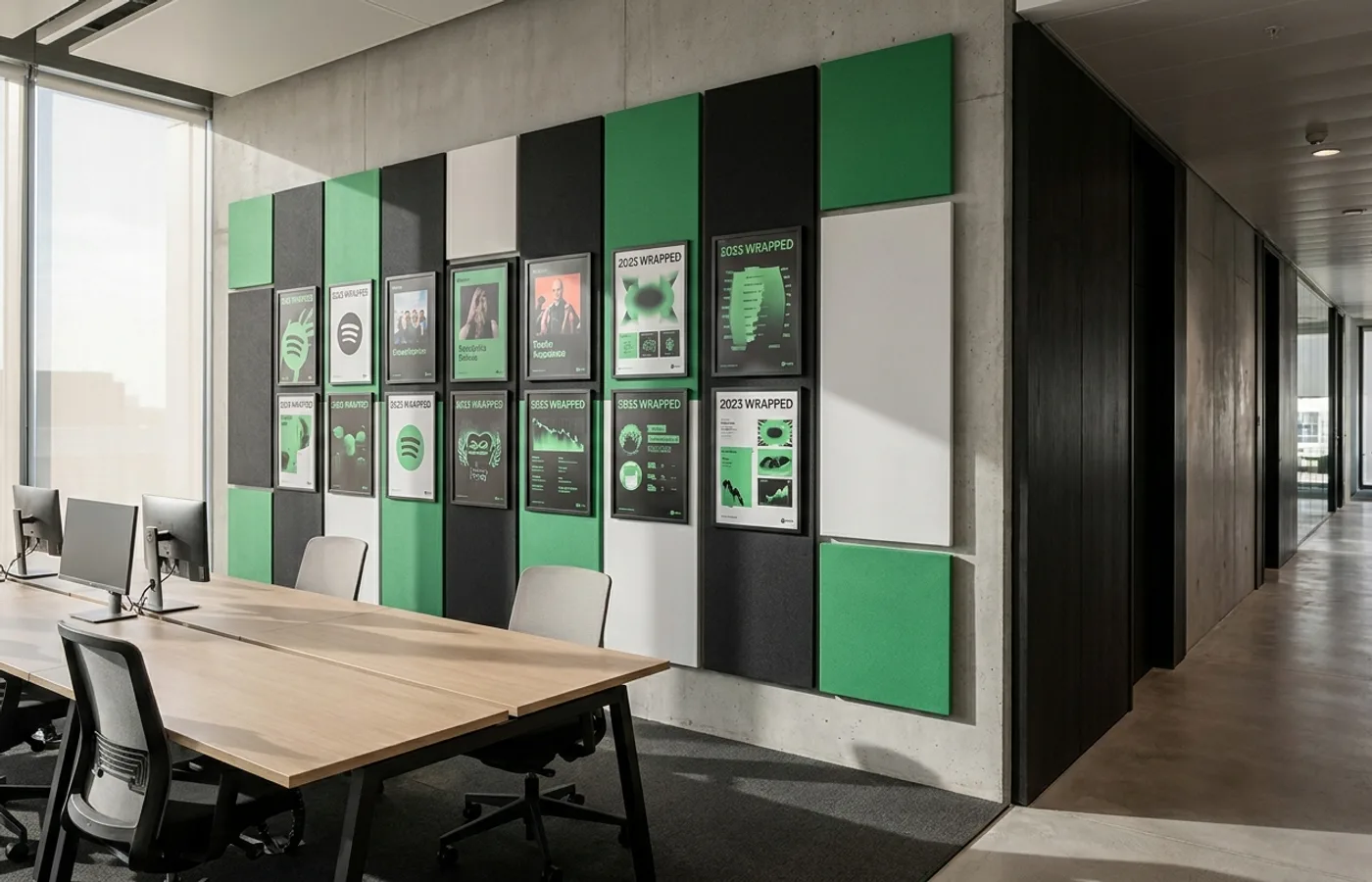 A Spotify office interior with the signature Spotify green accent against modernist black-and-white architecture, brand posters visible