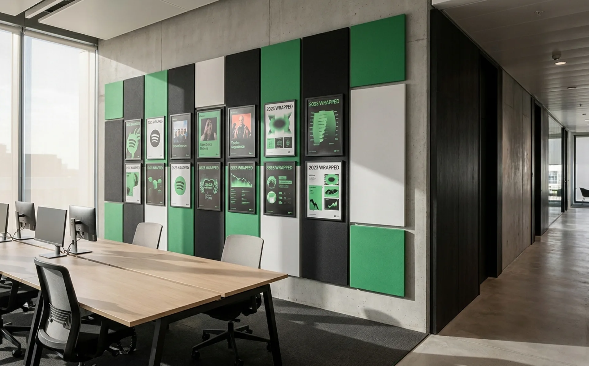 A Spotify office interior with the signature Spotify green accent against modernist black-and-white architecture, brand posters visible