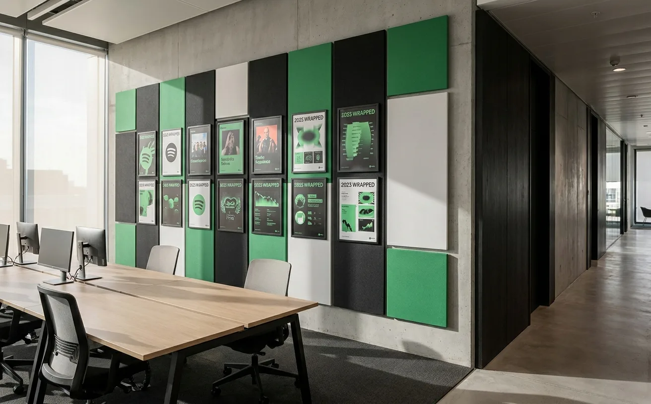A Spotify office interior with the signature Spotify green accent against modernist black-and-white architecture, brand posters visible