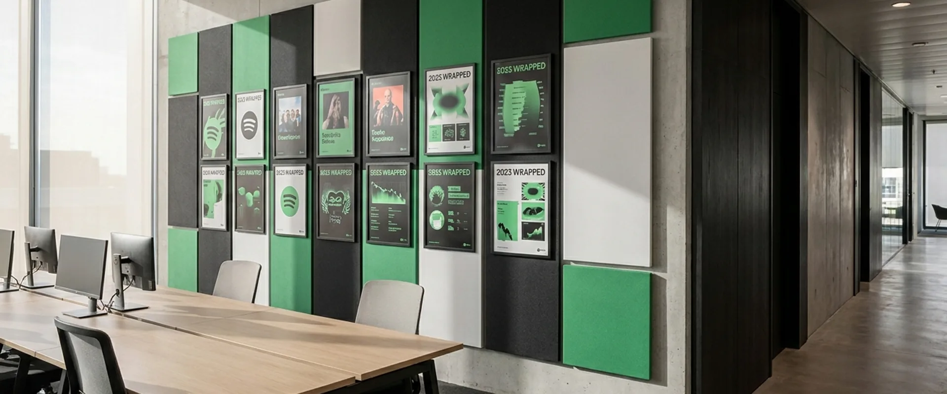 A Spotify office interior with the signature Spotify green accent against modernist black-and-white architecture, brand posters visible