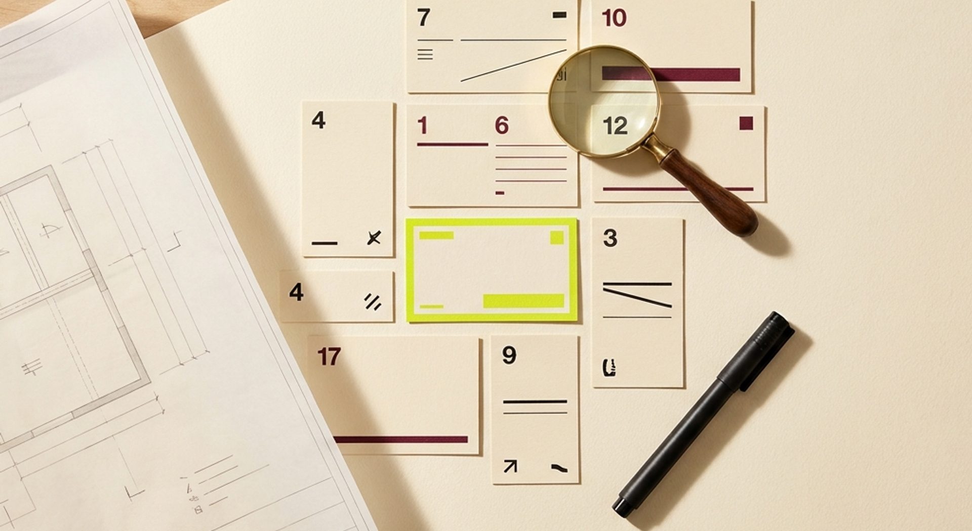 Top-down flat-lay of designer desk with numbered evaluation cards, brass magnifying glass, and architectural plan on cream paper