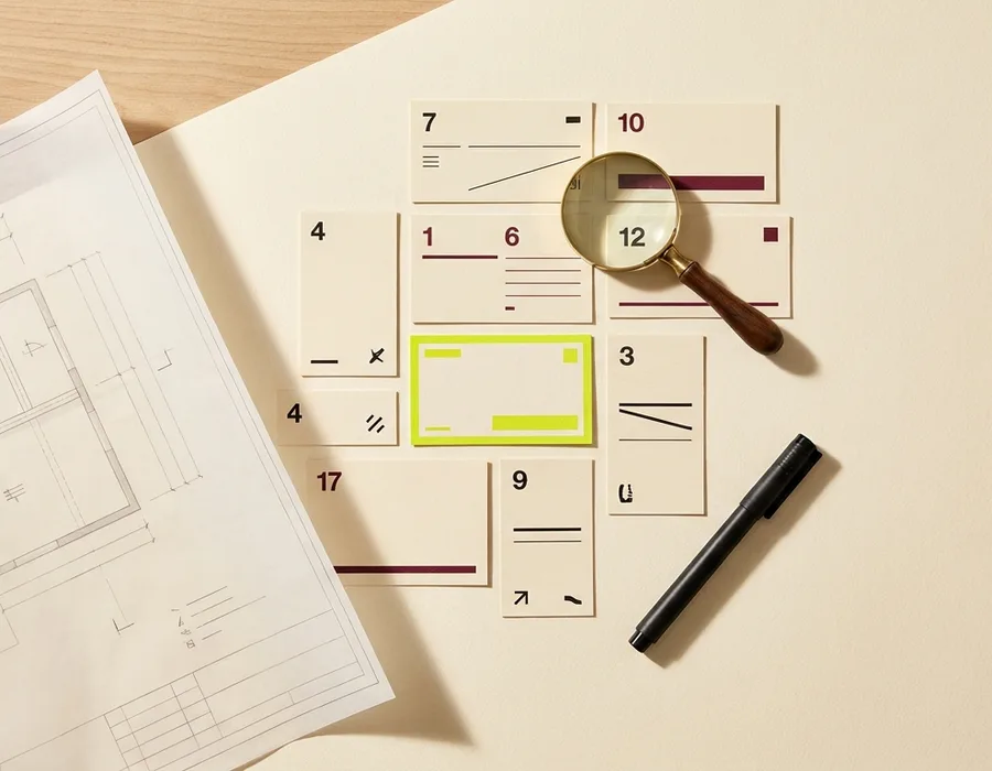 Top-down flat-lay of designer desk with numbered evaluation cards, brass magnifying glass, and architectural plan on cream paper
