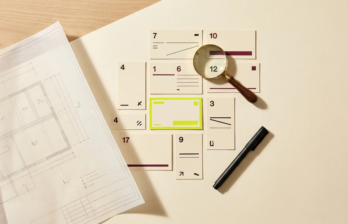 Top-down flat-lay of designer desk with numbered evaluation cards, brass magnifying glass, and architectural plan on cream paper