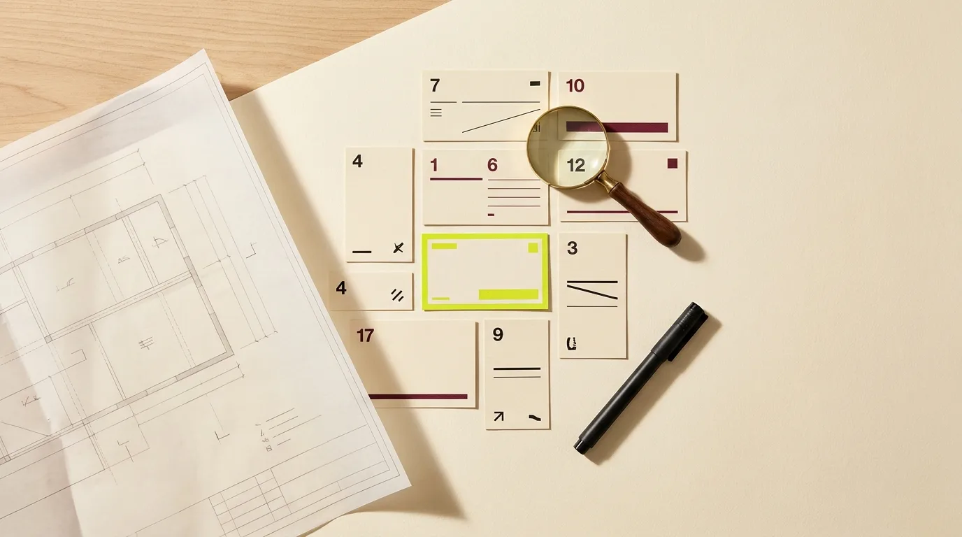 Top-down flat-lay of designer desk with numbered evaluation cards, brass magnifying glass, and architectural plan on cream paper