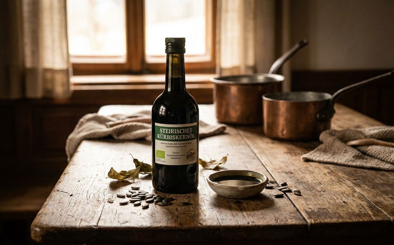 Dark glass bottle of pumpkin seed oil on a wooden table beside whole pumpkin seeds and a ceramic dish of dark green oil, warm Austrian kitchen light