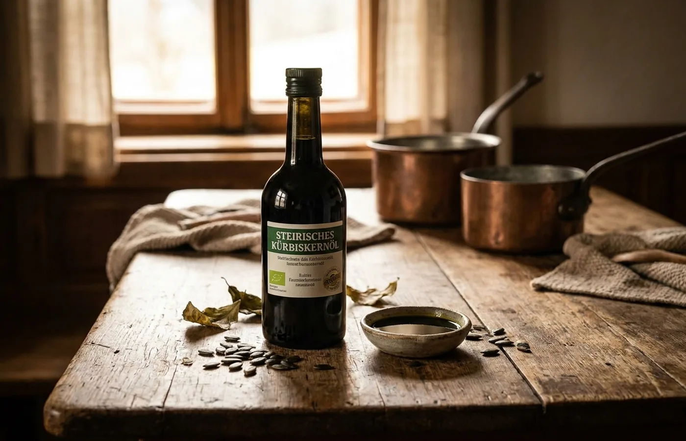 Dark glass bottle of pumpkin seed oil on a wooden table beside whole pumpkin seeds and a ceramic dish of dark green oil, warm Austrian kitchen light