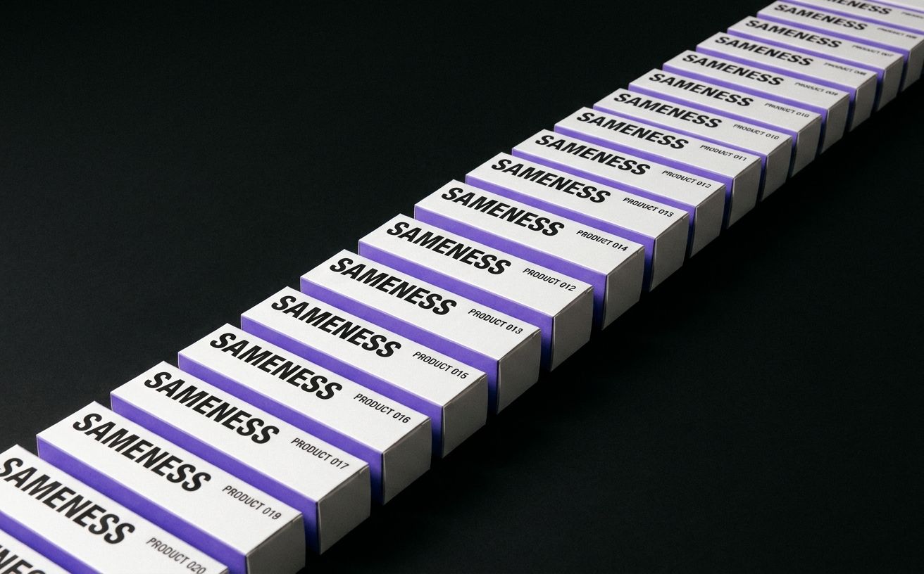 A row of nearly identical minimalist product mockups with matching black backgrounds and violet accents, receding into soft focus to illustrate brand homogeneity