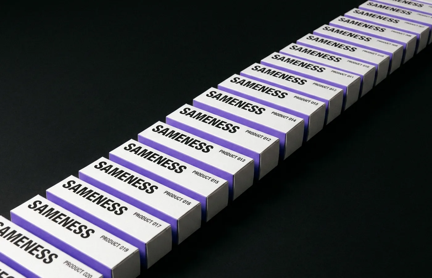 A row of nearly identical minimalist product mockups with matching black backgrounds and violet accents, receding into soft focus to illustrate brand homogeneity