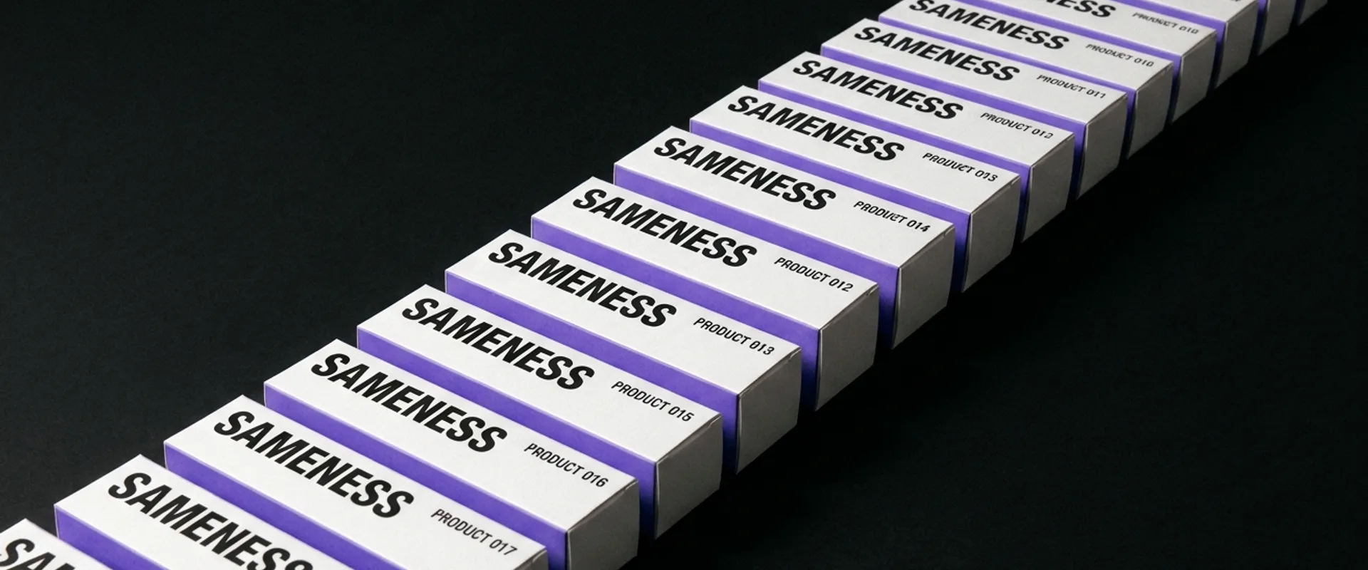 A row of nearly identical minimalist product mockups with matching black backgrounds and violet accents, receding into soft focus to illustrate brand homogeneity
