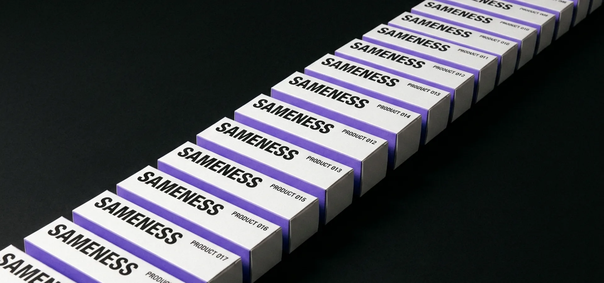 A row of nearly identical minimalist product mockups with matching black backgrounds and violet accents, receding into soft focus to illustrate brand homogeneity