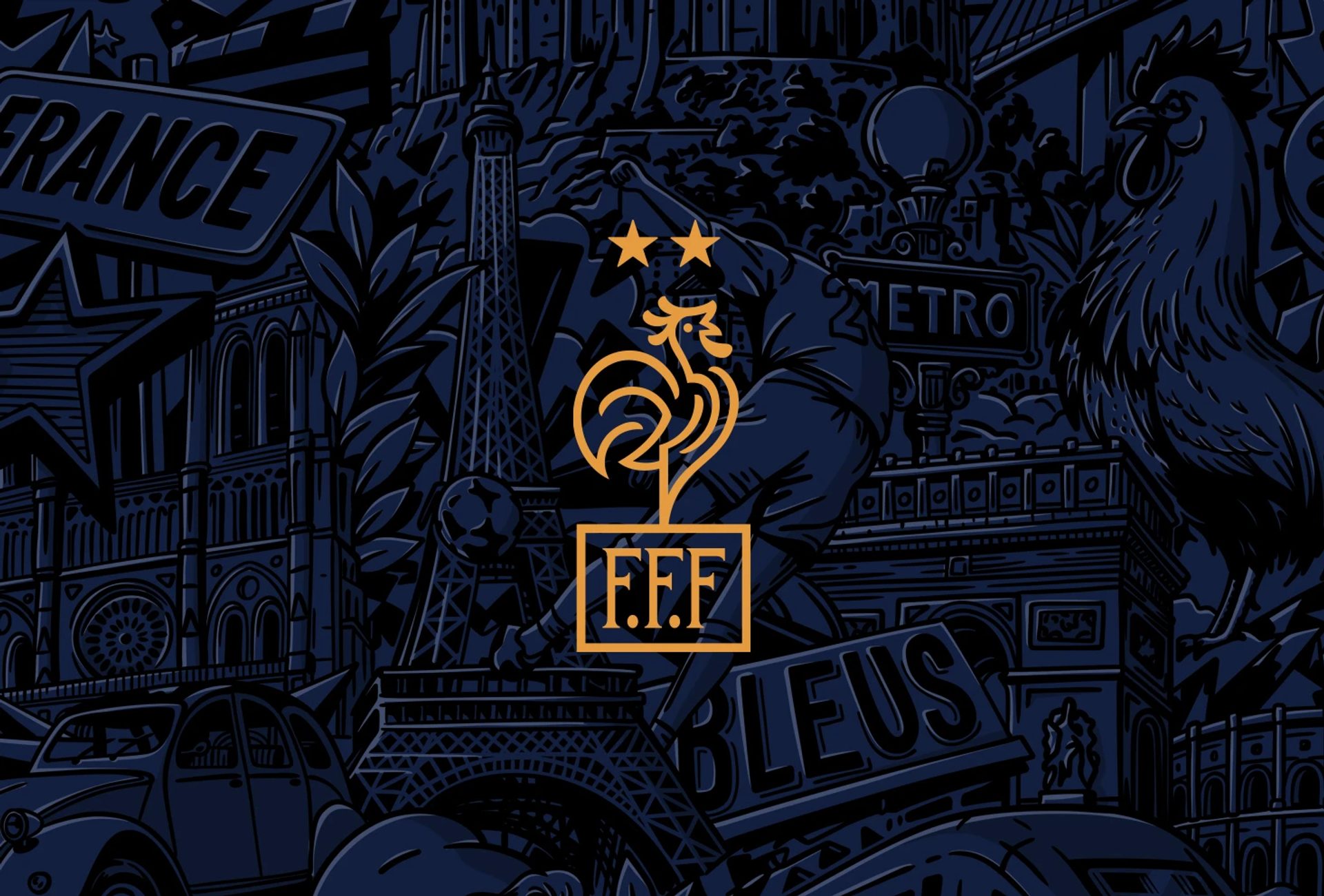 Gold FFF rooster crest with two stars over a dark blue collage of the Eiffel Tower, Arc de Triomphe and French signs.