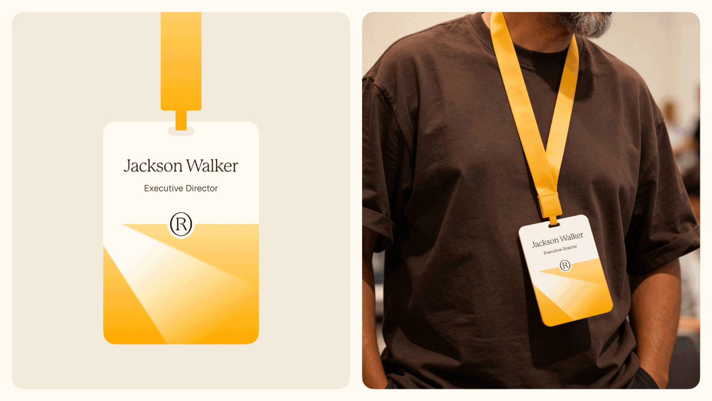 Yellow-lanyard badge mockup and worn badge reading “Jackson Walker” and “Executive Director” with orange geometric graphics.