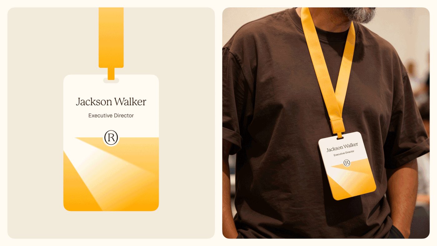 Yellow-lanyard badge mockup and worn badge reading “Jackson Walker” and “Executive Director” with orange geometric graphics.