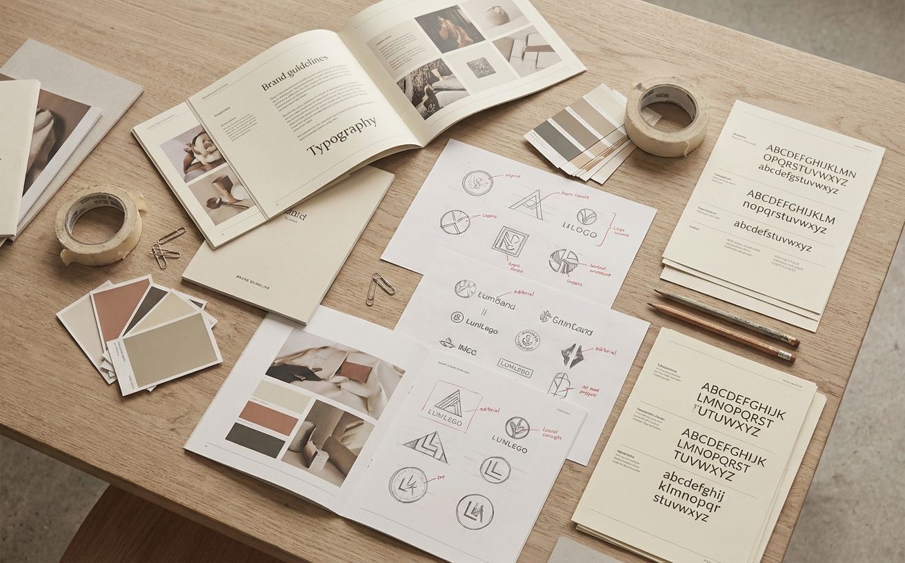 A curated editorial flat-lay of brand identity work — printed brand guidelines, logo explorations, color swatches, typographic specimens on a linen surface