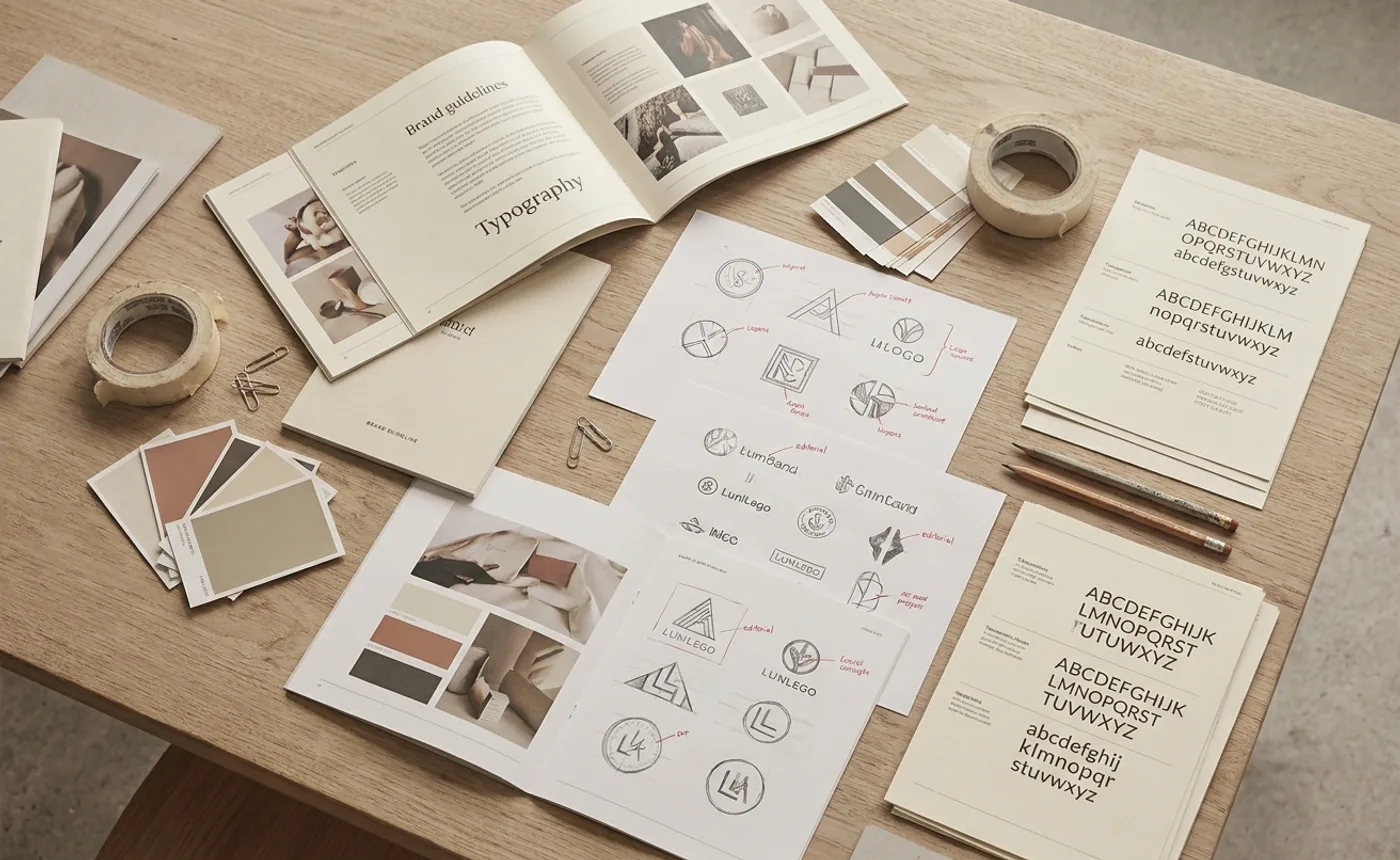 A curated editorial flat-lay of brand identity work — printed brand guidelines, logo explorations, color swatches, typographic specimens on a linen surface