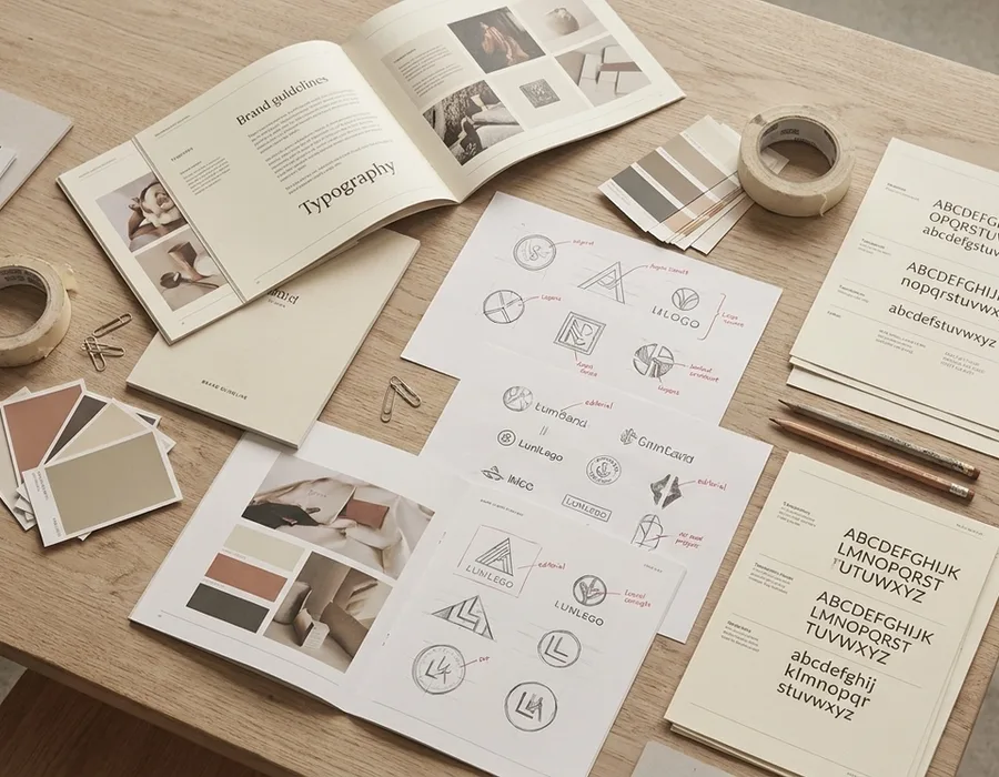 A curated editorial flat-lay of brand identity work — printed brand guidelines, logo explorations, color swatches, typographic specimens on a linen surface