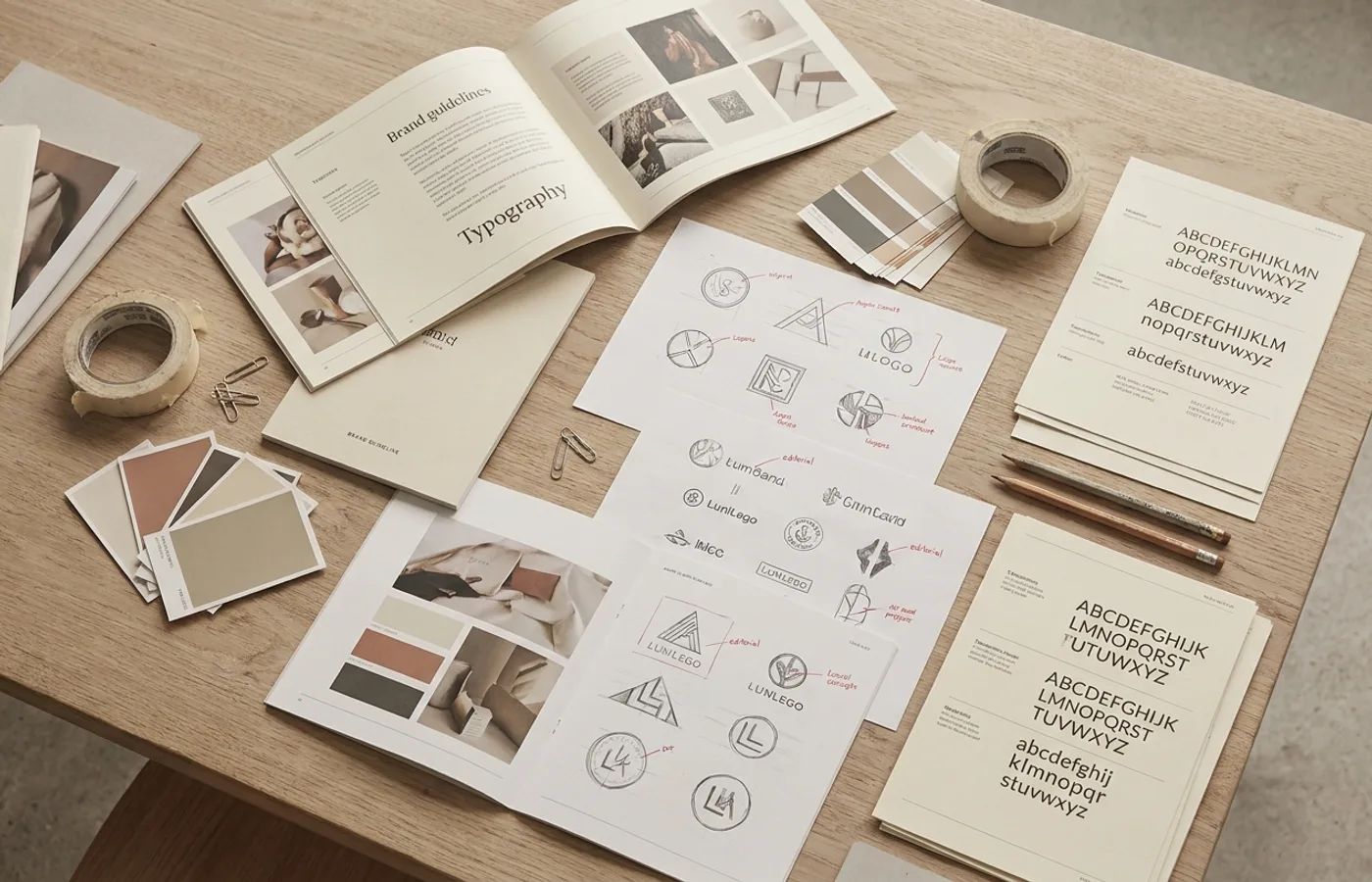 A curated editorial flat-lay of brand identity work — printed brand guidelines, logo explorations, color swatches, typographic specimens on a linen surface
