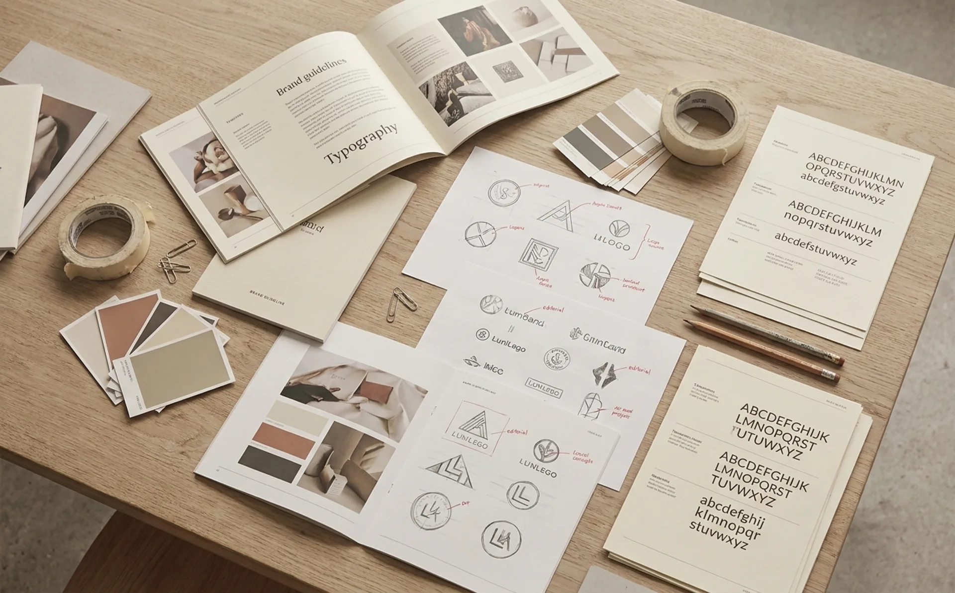 A curated editorial flat-lay of brand identity work — printed brand guidelines, logo explorations, color swatches, typographic specimens on a linen surface