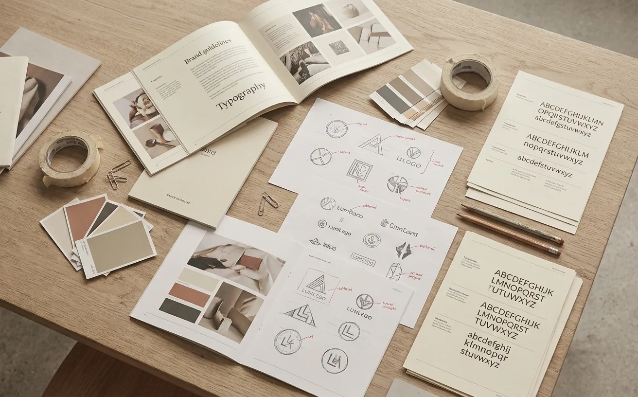 A curated editorial flat-lay of brand identity work — printed brand guidelines, logo explorations, color swatches, typographic specimens on a linen surface