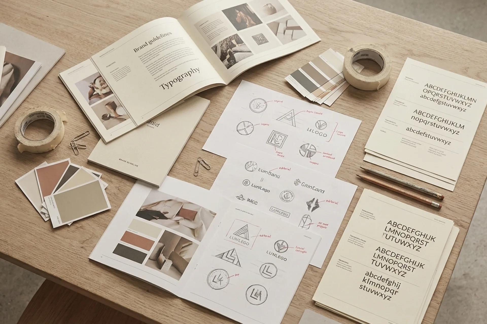 A curated editorial flat-lay of brand identity work — printed brand guidelines, logo explorations, color swatches, typographic specimens on a linen surface
