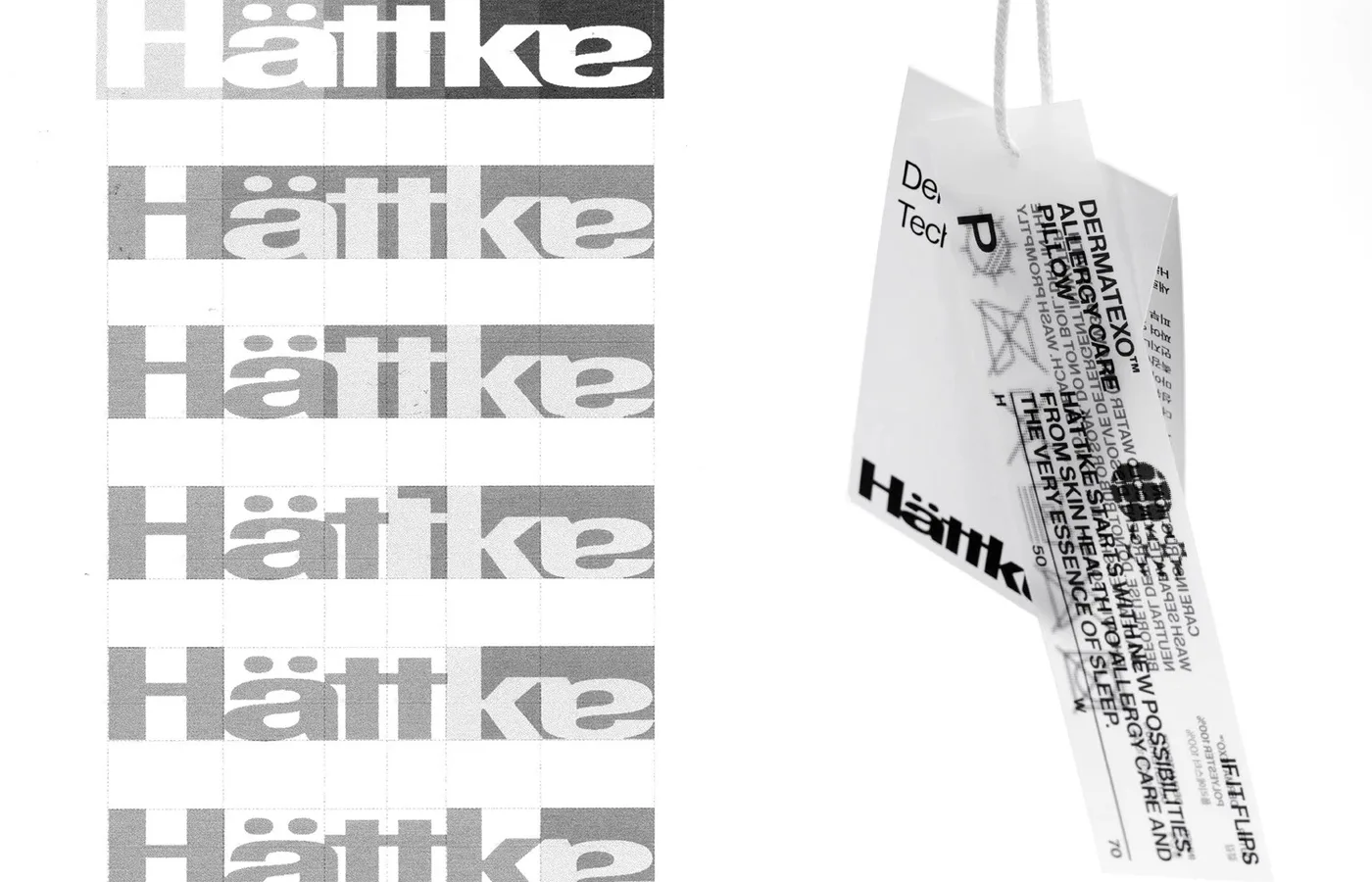 Logotipo Hattke repetido en degradado junto a una bolsa de packaging