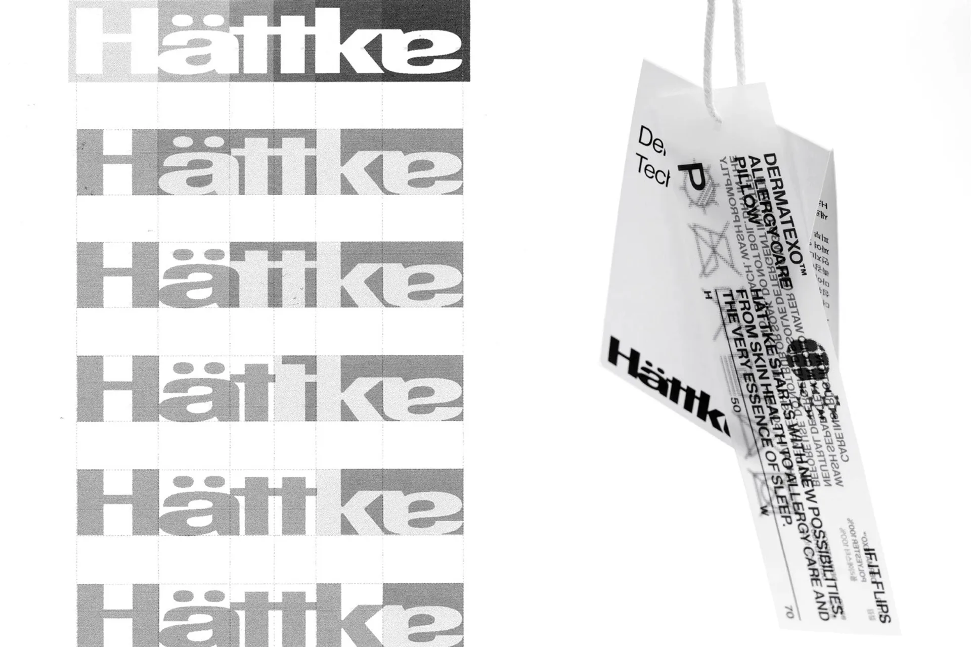 Logotipo Hattke repetido en degradado junto a una bolsa de packaging