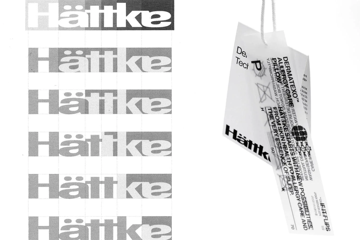 Logotipo Hattke repetido en degradado junto a una bolsa de packaging