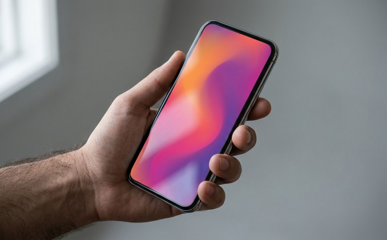 A smartphone screen filled with a vibrant orange-pink-purple gradient, held at oblique angle against a neutral studio backdrop — illustrating Instagram's color-first brand identity