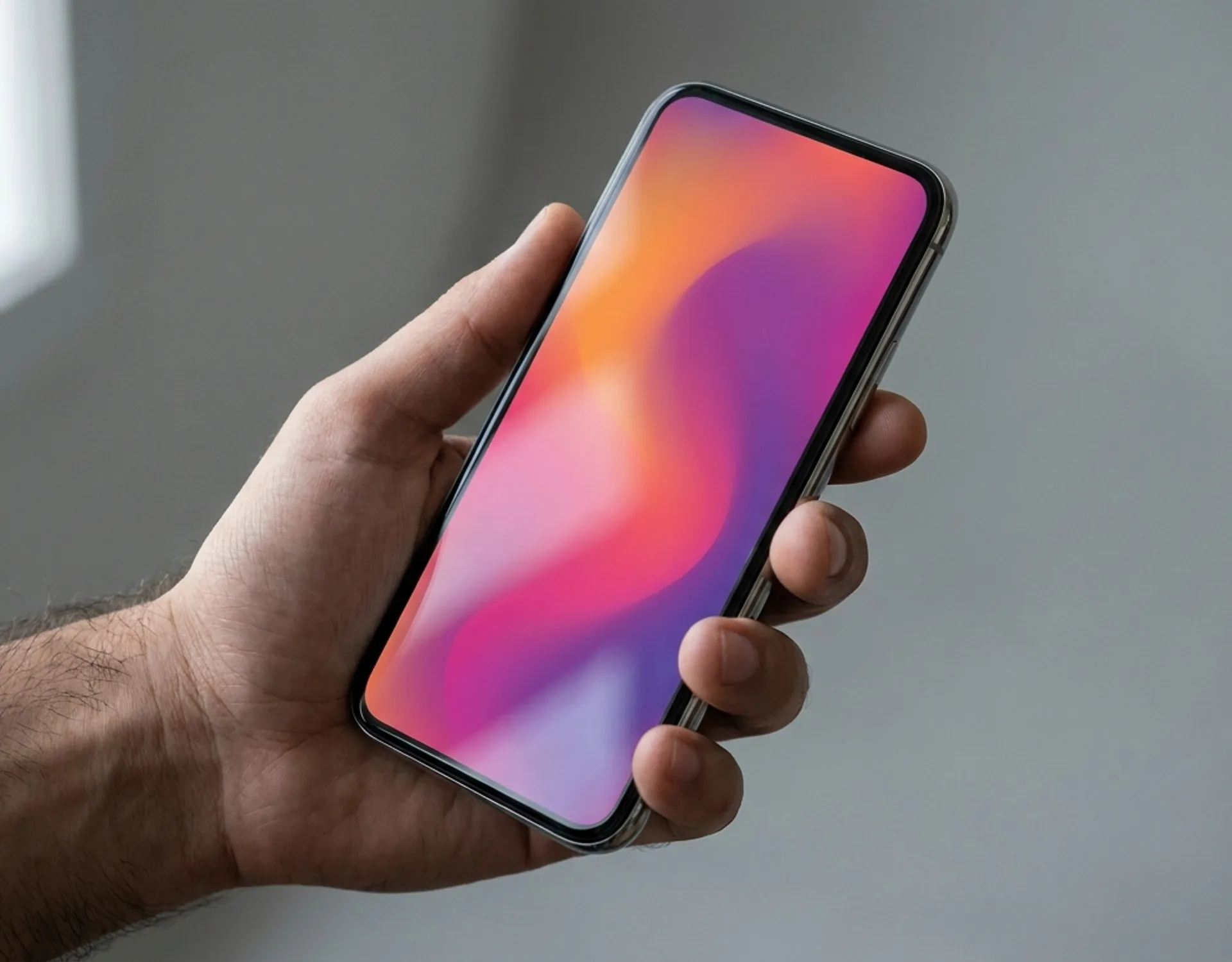 A smartphone screen filled with a vibrant orange-pink-purple gradient, held at oblique angle against a neutral studio backdrop — illustrating Instagram's color-first brand identity