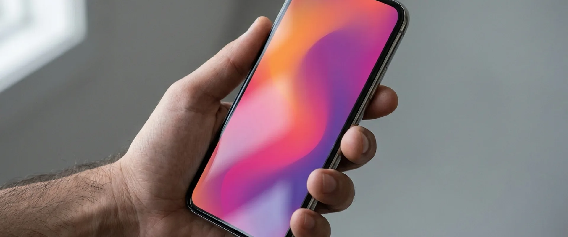 A smartphone screen filled with a vibrant orange-pink-purple gradient, held at oblique angle against a neutral studio backdrop — illustrating Instagram's color-first brand identity