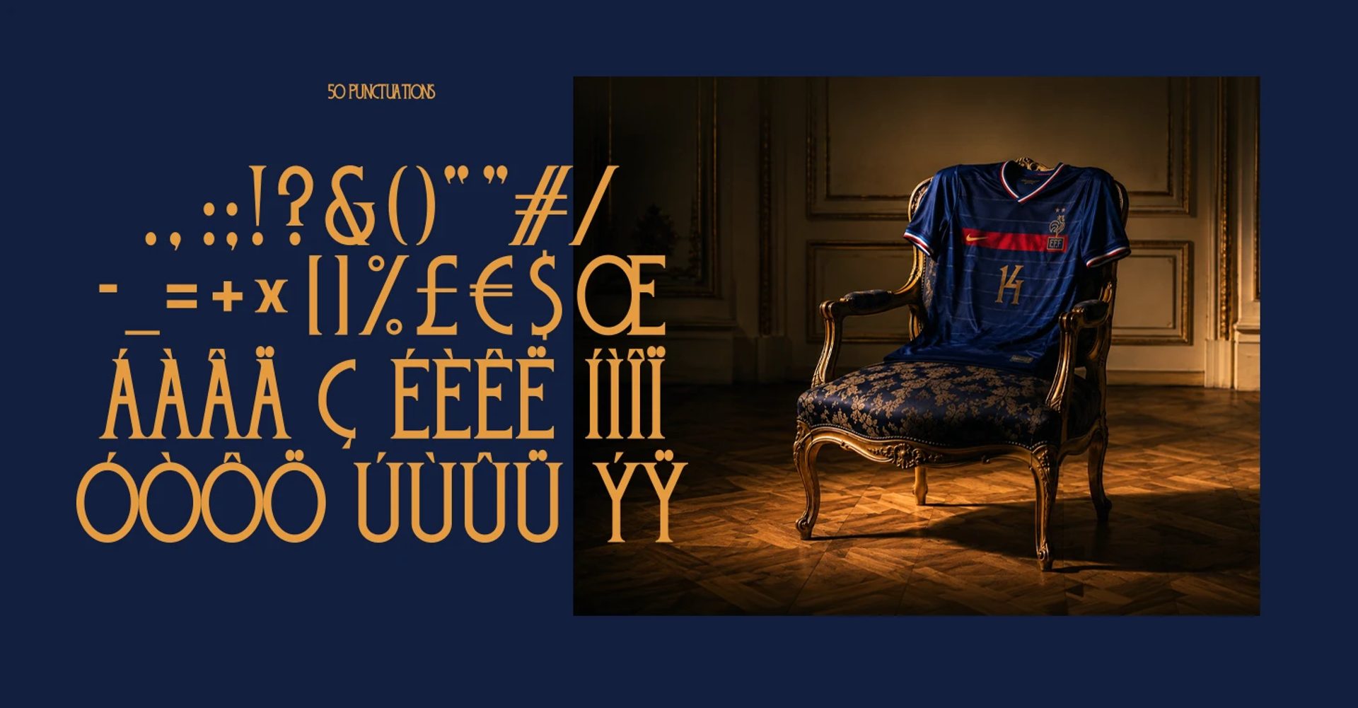 Navy poster with gold “50 PUNCTUATIONS” glyphs and a blue FFF football shirt draped over an ornate chair.