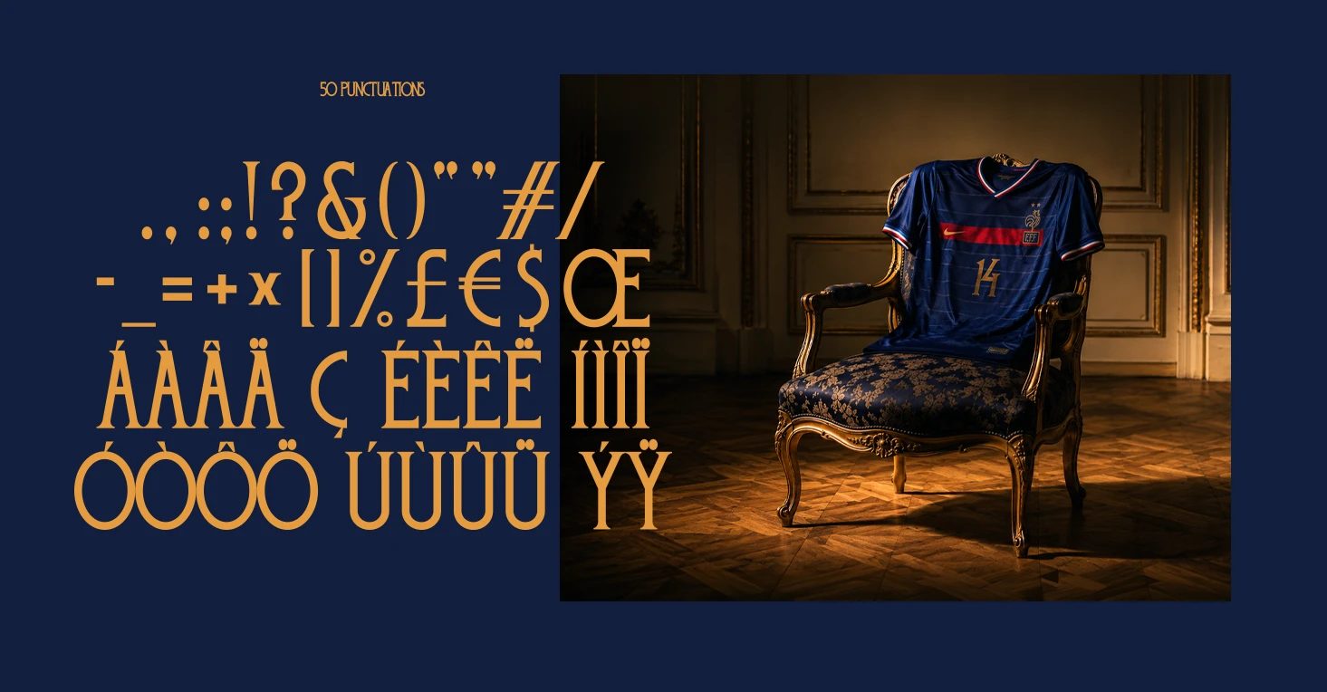 Navy poster with gold “50 PUNCTUATIONS” glyphs and a blue FFF football shirt draped over an ornate chair.