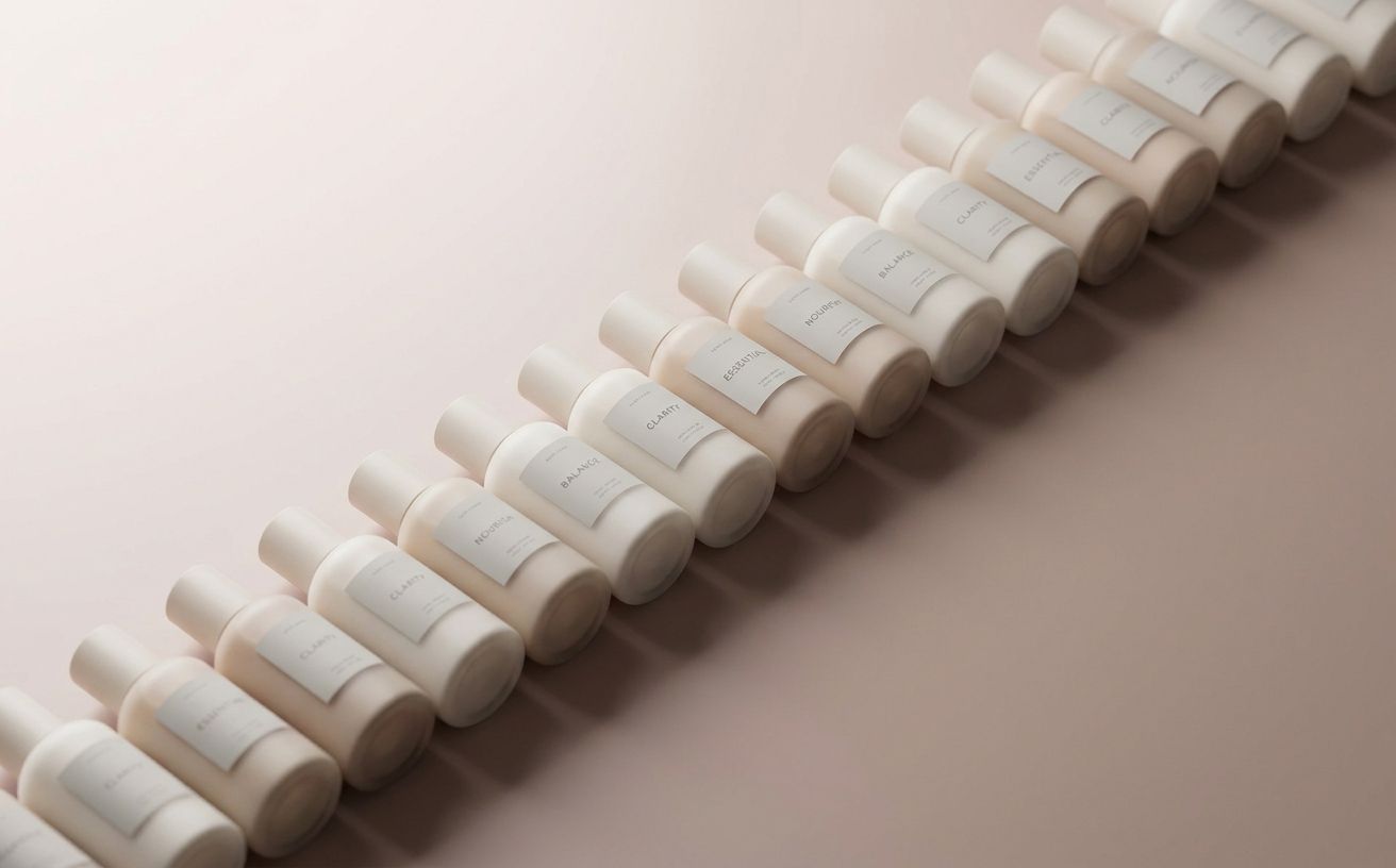 A row of nearly identical minimalist cylindrical DTC product bottles on a pale neutral background, illustrating brand homogeneity